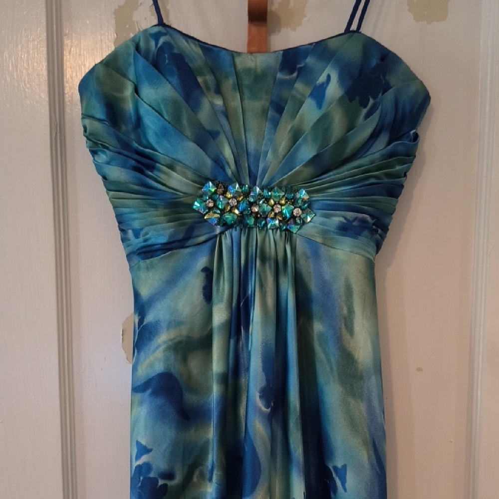 Cache | Strapless Dress in Blue and Green with Embellished Waist